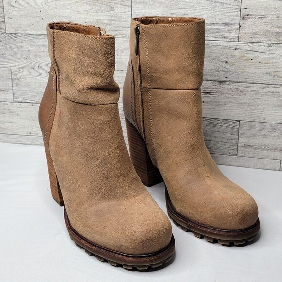 Sam Edelman Boots Women Size 9M Leather Suede Zip 3" Block Heel Non Slip Beige - Picture 1 of 10